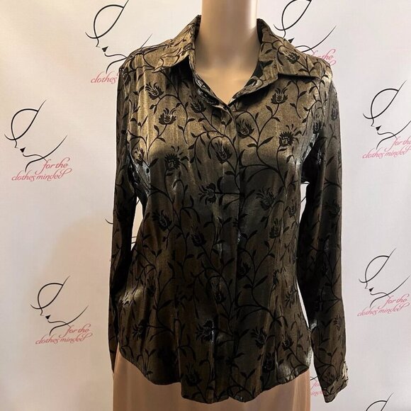 KATHIE LEE. Sz M. Green Black Metallic Top. Hidden Button Placket Rayon Bl Bl13 - Picture 1 of 5